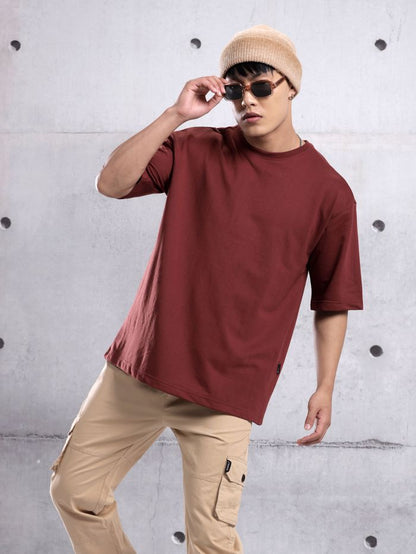 Brick Brown Plain Oversized T-shirt for Men